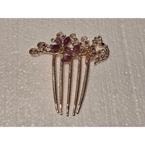 Gold-Tone Floral Hair Comb With Purple & Clear Rhinestones